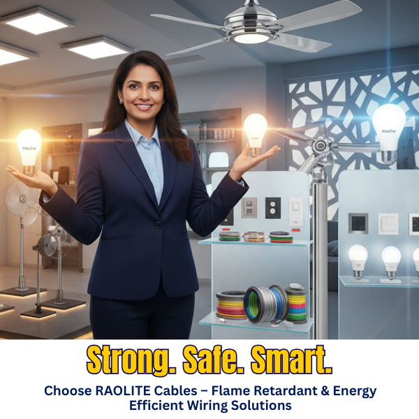 Create a high-quality banner image for Raolite – Lighting & Electrical Solutions. Show an Indian male or female model (well-dressed, smiling, professional look) standing confidently in a bright, m (2)