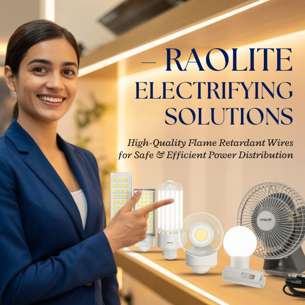Create a high-quality banner image for Raolite – Lighting & Electrical Solutions. Show an Indian male or female model (well-dressed, smiling, professional look) standing confidently in a bright, m (3)